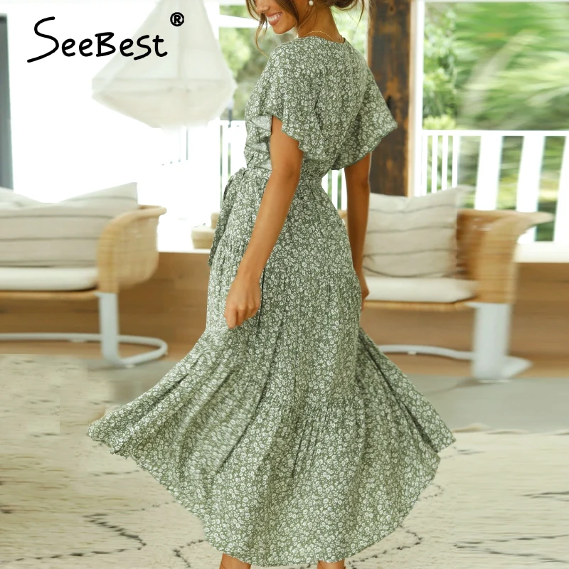 Женское длинное платье SeeBest зеленое с цветочным принтом и коротким рукавом