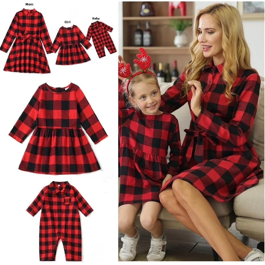 Christmas Family Set Plaid Mother Daughter Matching Dresses Long Sleeve Mom Baby Mommy and Me Clothes Autumn Women & Girls Dress