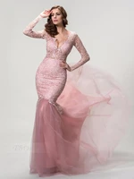 2015 pink lace deep v neck backless long sleeve lace prom dresses sexy elegant evening dresses plus size vestido de novia fe0424
