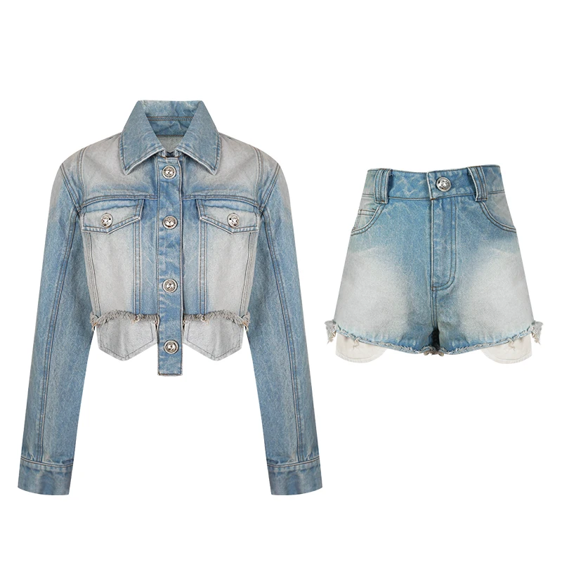 

2021Spring Summer New Personality Ladies Denim Two-Piece Lapel Single-Breasted Blouse+Jeans Shorts Fashion Suit Women's Clothing