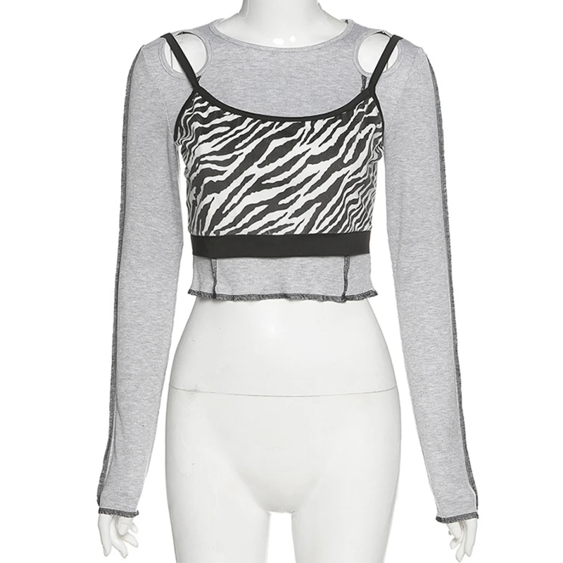 

Женская футболка с длинным рукавом, 2 предмета, Полосатая майка в полоску с принтом зебры, укороченный топ с круглым вырезом, сексуальный выр...