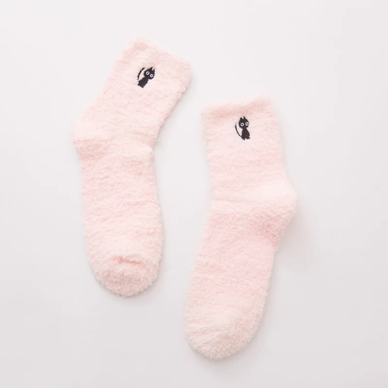 Cat-pink Женские носки с вышивкой, утепленные хлопковые, милые, плюшевые, сохраняющие тепло, женские, забавные, зимние носки, пушистые, kawaii, 1 пара - Цвет: Cat-pink