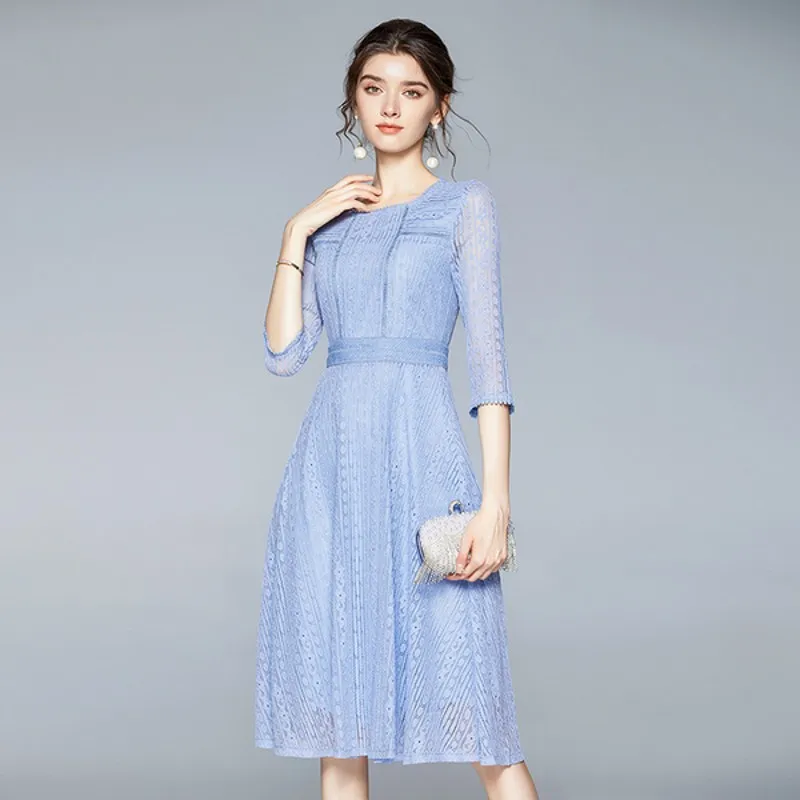 

2021 Summer fashion casual women Party Dress Women's half Sleeve Lace Hollow Out Midi Dresses Vestidos