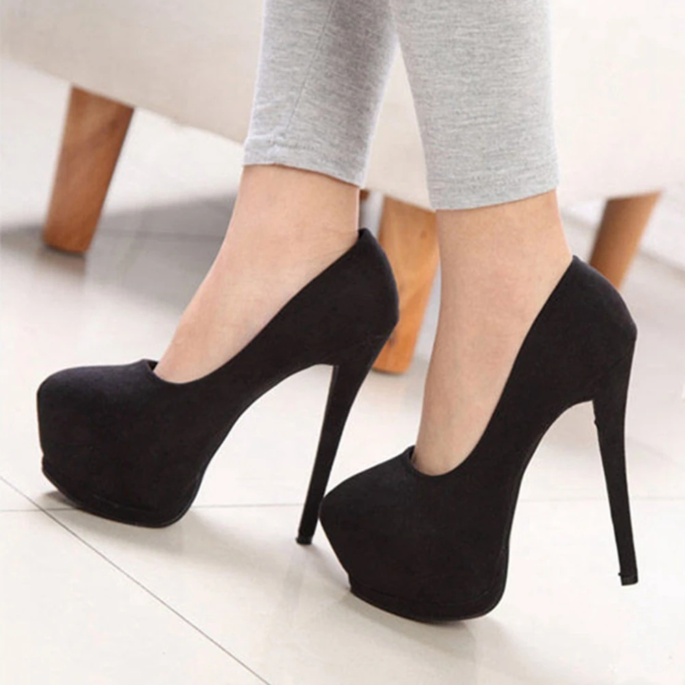 

2021 Brand New Slip On Sexy Stiletto Nightclub Prom Black Thick Platform Office Lady Extreme High Heels Pumps Women Shoes