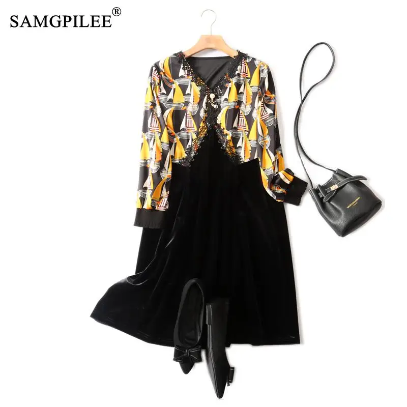 

Retro Women Dresses Crochet V-neck Stitching Velvet Contrast Diamond Pattern Vertical Feeling Full Sleeve Winter Dress Woman 4XL