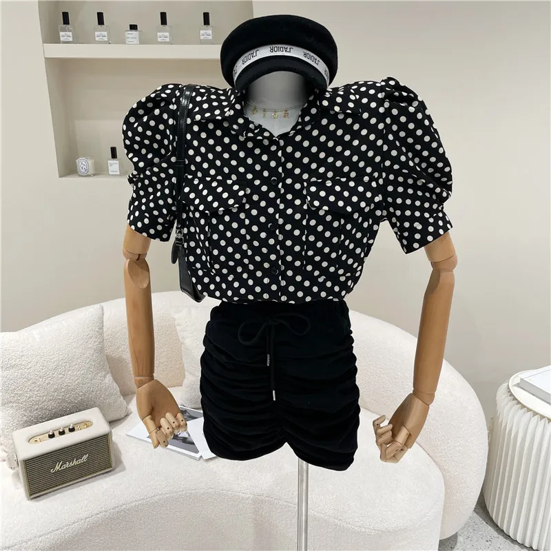 

Women's Spring Summer 2021 Fashion Loose casual and versatile bubble sleeve breasted top Retro Polka Dot short sleeve shirt