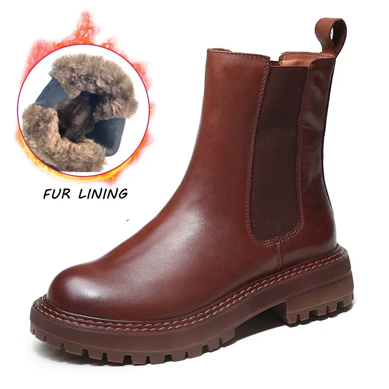 

Winter Chelsea Boots Ladies Cow Leather Shoes for Women Wedges Warm Fur Platform Snow Boots Female Solid Botines Mujer