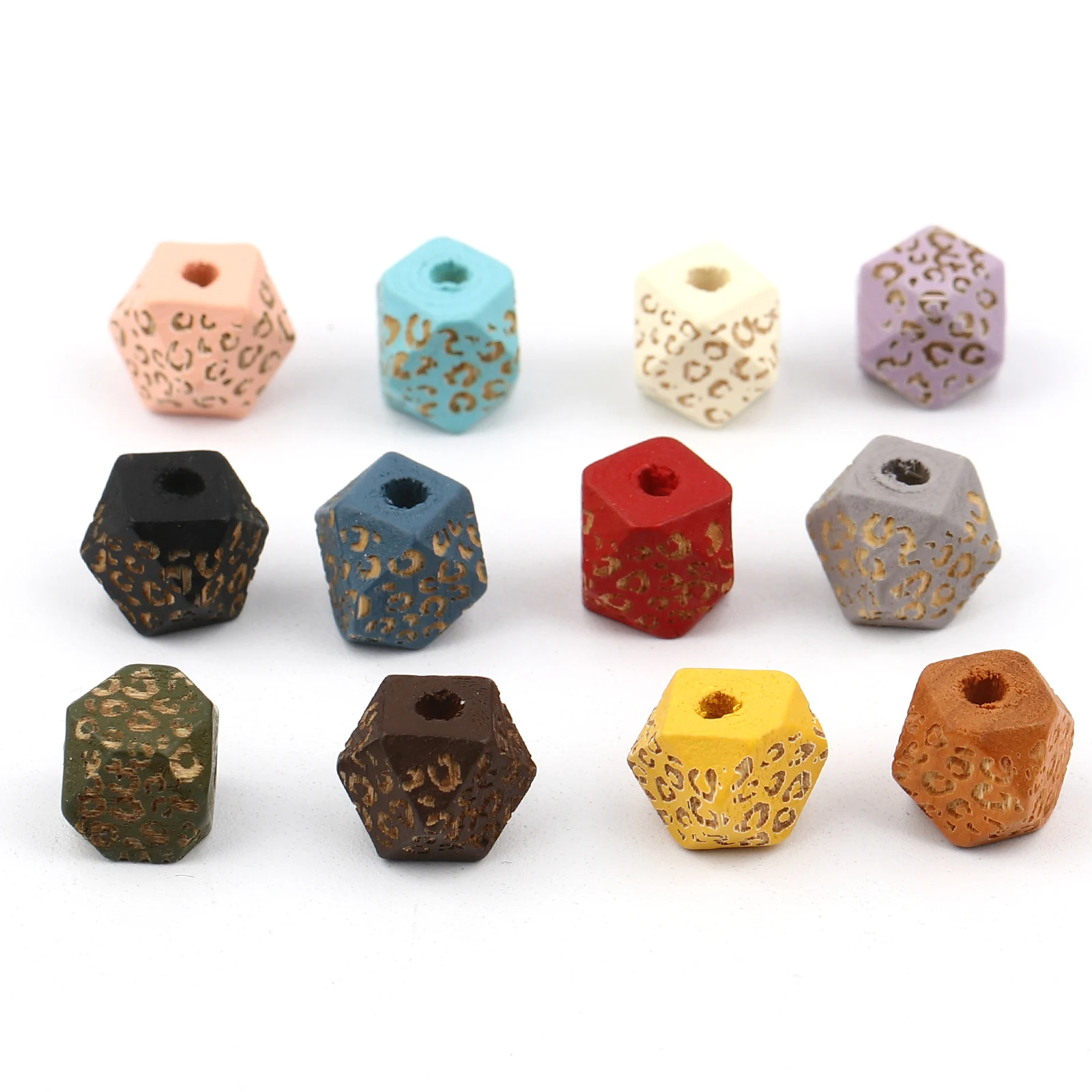 

20Pcs Color Multi-faceted Octagonal Wood Beads Carved With Light Brown Leopard Pattern 10x10mm New Hot DIY Jewelry Accessories