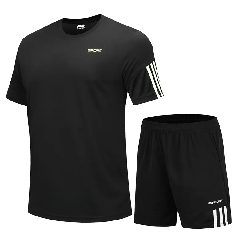 black 1 2 шт./компл. мужские спортивные костюмы быстросохнущие наборы для бега спортивные фитнес шорты мужские s футболки спортивные костюмы для бега спортивный костюм - Цвет: black 1