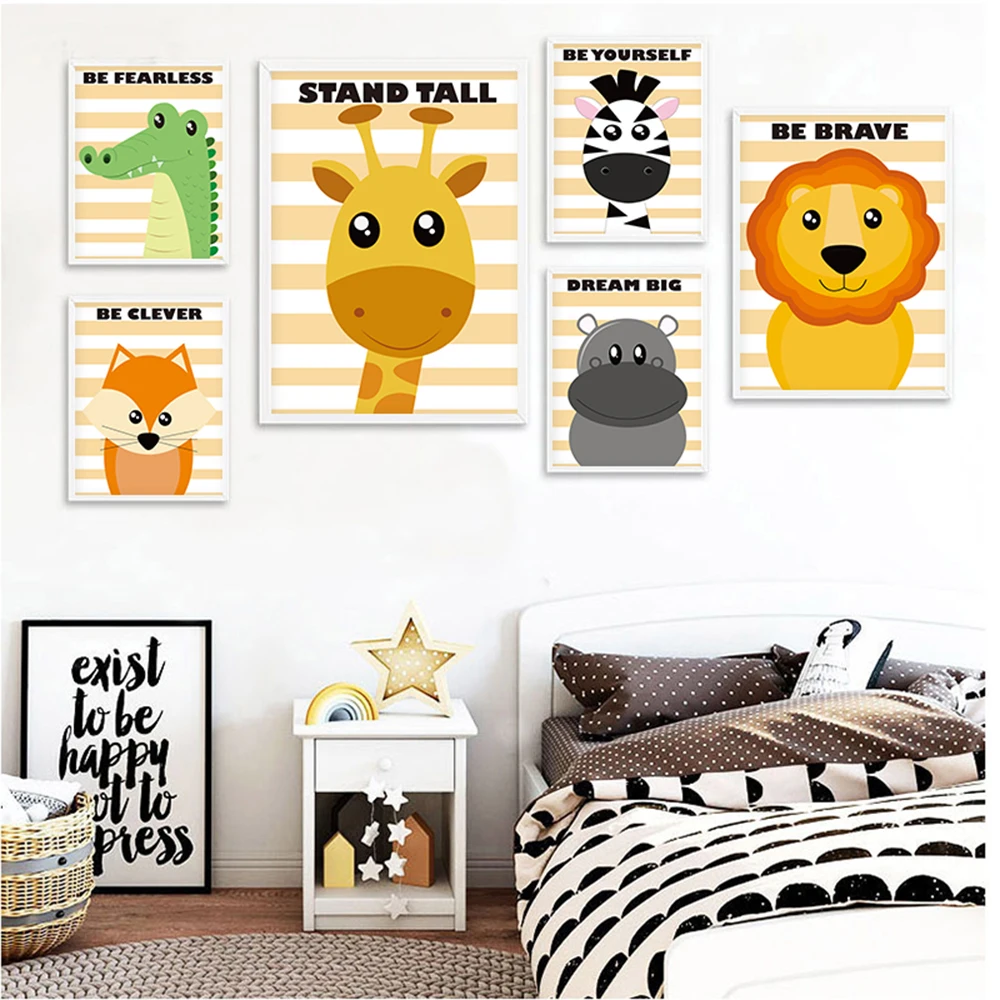 Настенный плакат для детской комнаты Зебра Лев Бегемот холст картина с животными