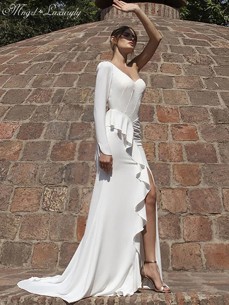 

Luxury Mermaid Wedding Dresses Chiffon Long Sleeve One Shoulder Gowns Backless Ruffle Sexy High Split vestidos de novia