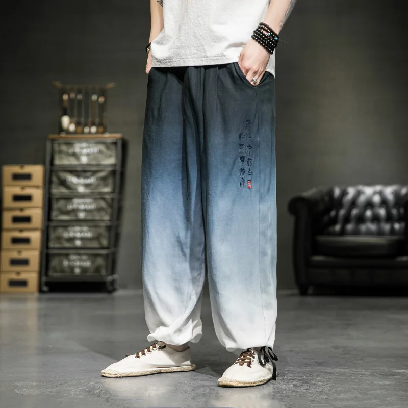 

Fashion Men Streetwear Gradient Bloomers Chinese Style Embroidery Harem Pants Kung Fu Bottoms Harajuku Casual Wide Leg Trousers