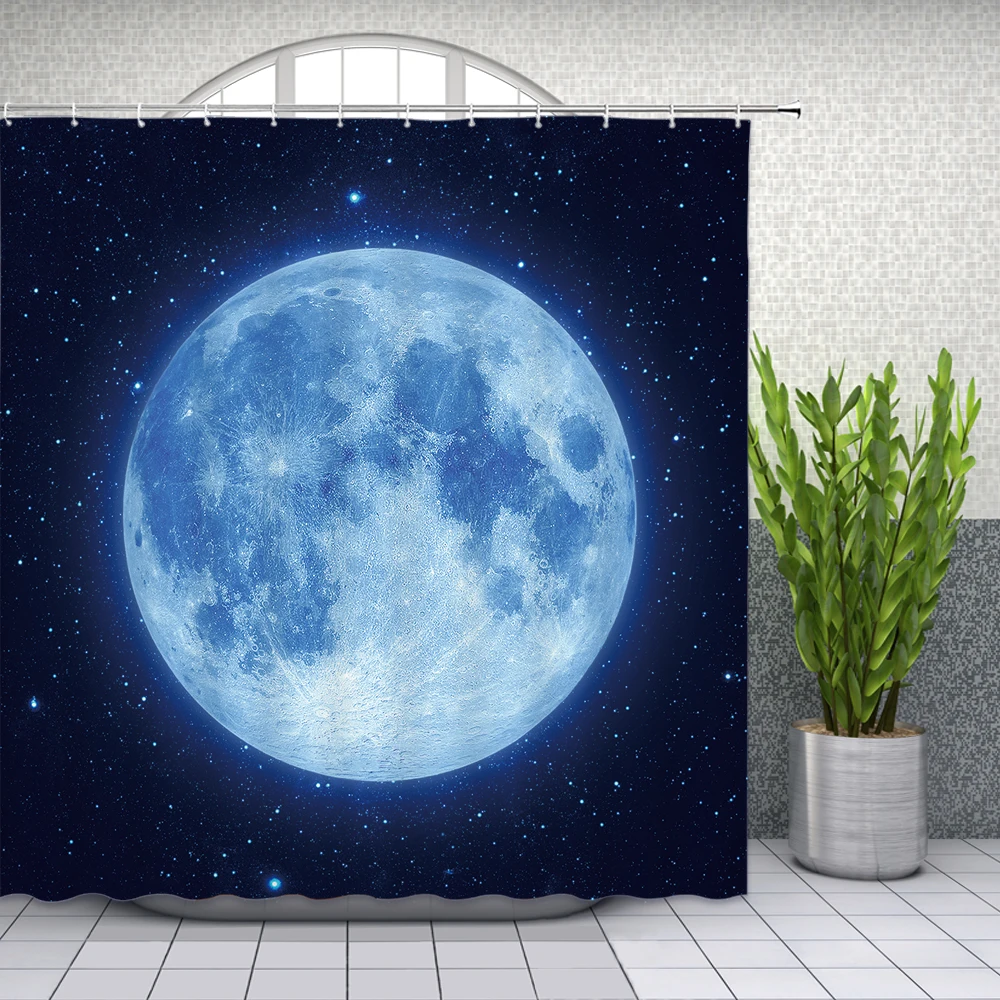 

Moon Stars Shower Curtains Navy Blue Space Planet Landscape Home Bathroom Decor Bathtub Waterproof Polyester Cloth Curtain Set