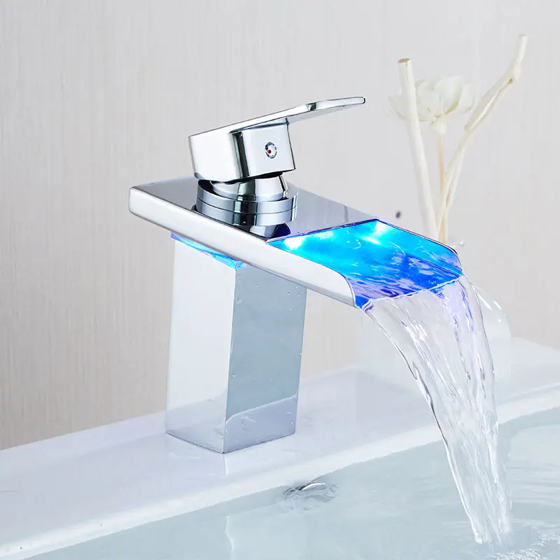 Светодиодный раковина для раковины, кран для водопада, кран для раковины, меняющий цвета с температурой, смеситель для раковины для ванной комнаты, латунный Смеситель для холодной и горячей воды