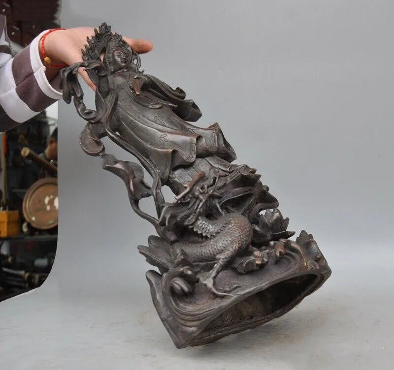 

wedding decoration 17"China Bronze Buddhism Guanyin Kwan-yin Bodhisattva Buddha Ride Dragon statue