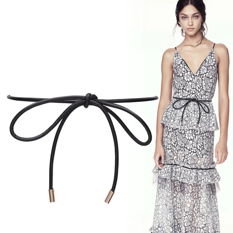 

Real Sheepskin belts women black long thin bow no buckle genuine leather knot waistbands Lambskin dress party cummerbunds girl