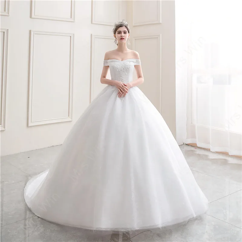 2021 Новый светильник свадебное платье с открытыми плечами вырез лодочкой бальное