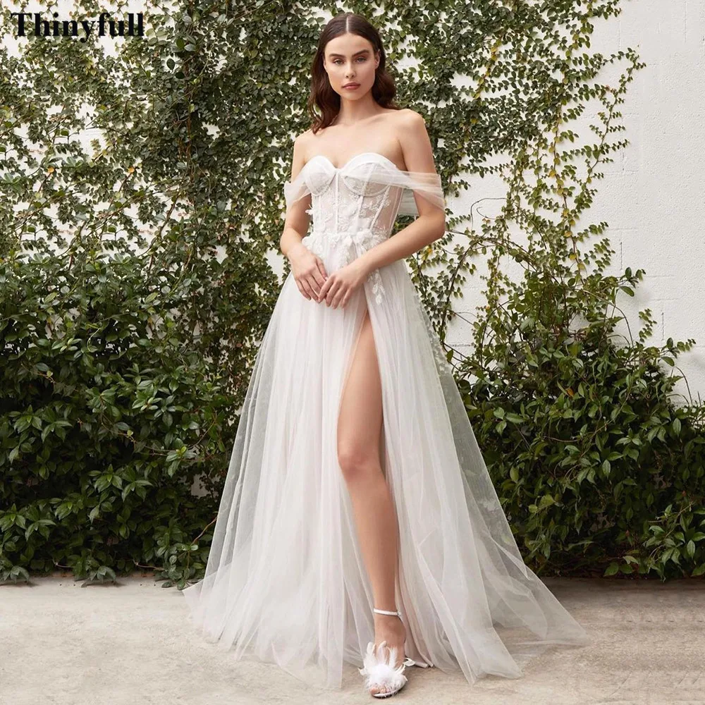 

Thinyfull Boho Wedding Party Dresses Applique Lace Split Bridal Gowns Off The Shoulder Princess Plus Size Bride Wedding Dress