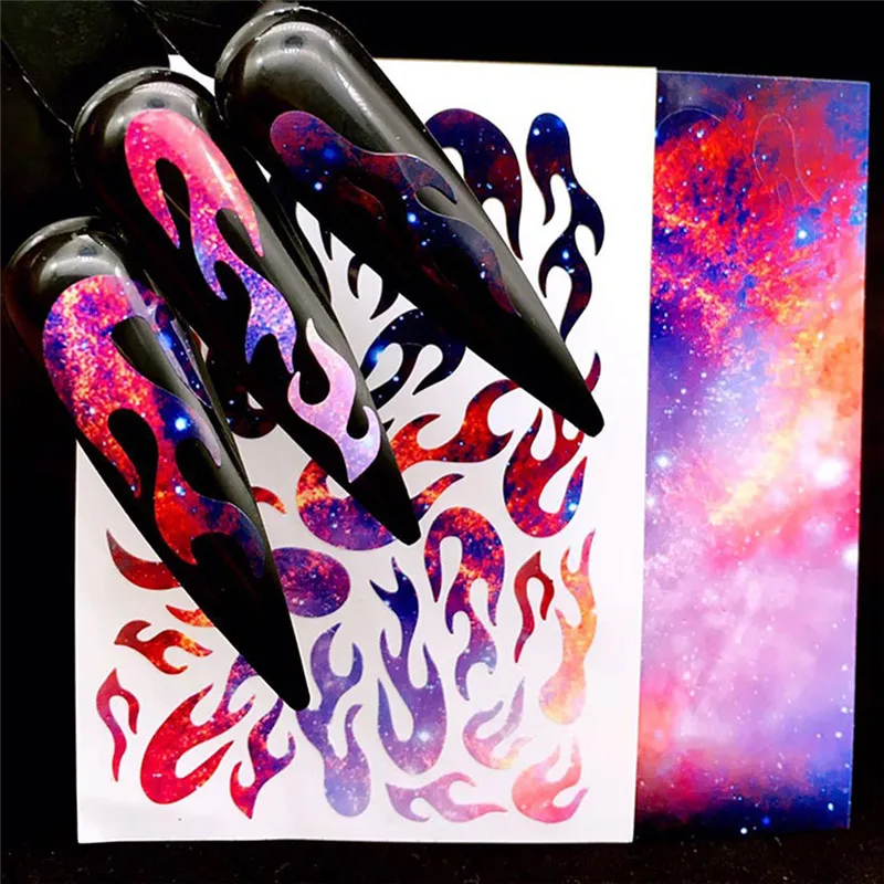 2 шт. 3D пламени ногтей наклейки для Фольга яркого цвета с блестками ногтевого