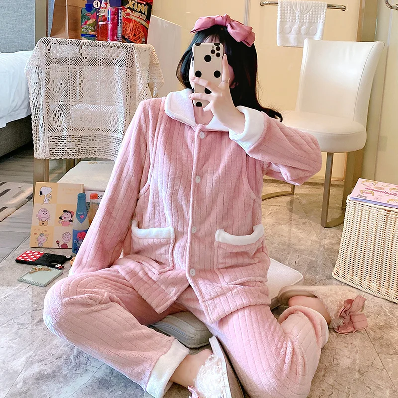 Пижамный костюм женский зимний плотный фланелевый комплект нижнего белья теплая