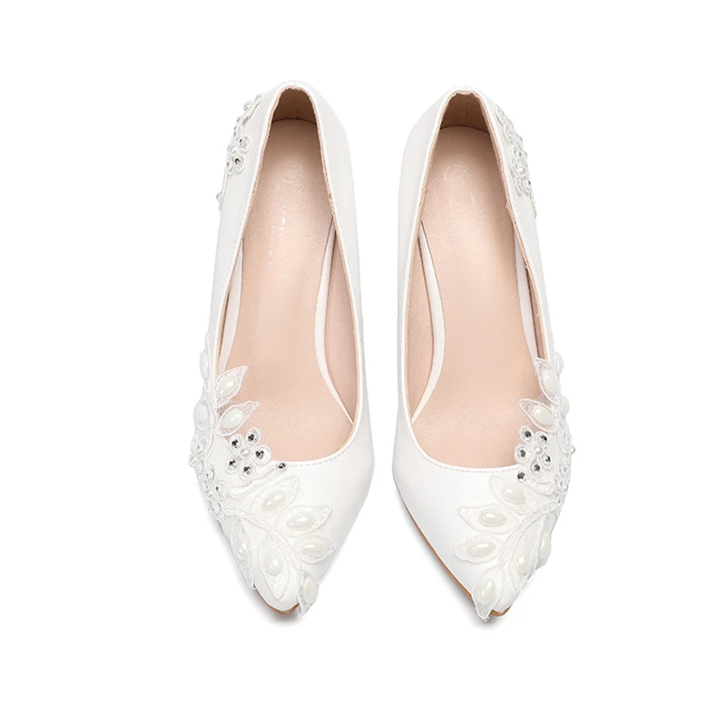 

new slope heel shoes women's wedding shoes lace white flower water drill chain bridal shoes low heel large size wedding shoes