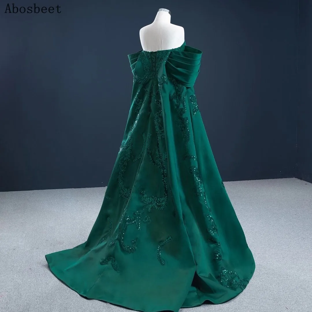 Green Satin A Line Evening Dress Off Shoulder Embroidery Lace with Beading Elegant Prom Party Gown Small Train Shining Sequins