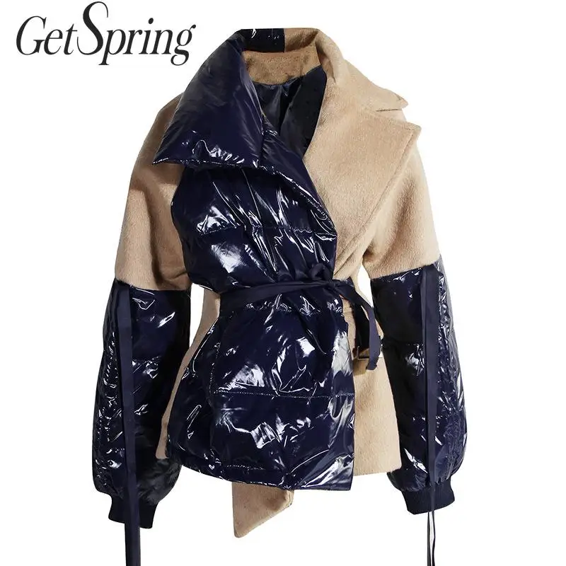 Getspring Women Parka Wool Patchwork Bandage Women Winter Jacket Warm Parka Fashion Winter Color Matching Coat Winter