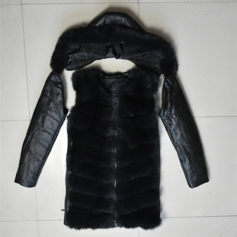 Natural New Genuine Fur Fox Vest Long Fox Fur Sheepskin Hat Coat Sheep Skin Demolished Sleeves Can Detachable Zipper Jacket