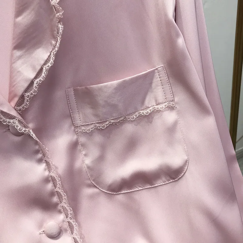 

2021 New Satin Pajamas 2PCS Set For Women Lace Shirt&Pants Silky Solid Sleepwear Casual Nightwear Pyjamas Suit Soft Homewear