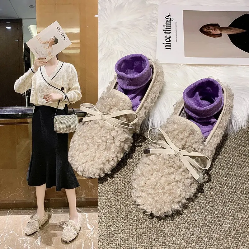 

Lamb hair edamame peas shoes women's trend 2021 new wild plus velvet warm flat cotton shoes