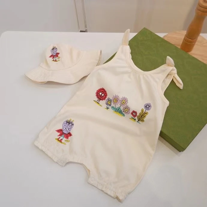

2021 summer new baby cotton cartoon plant strap bag fart creeping suit newborn Jumpsuit hat suit