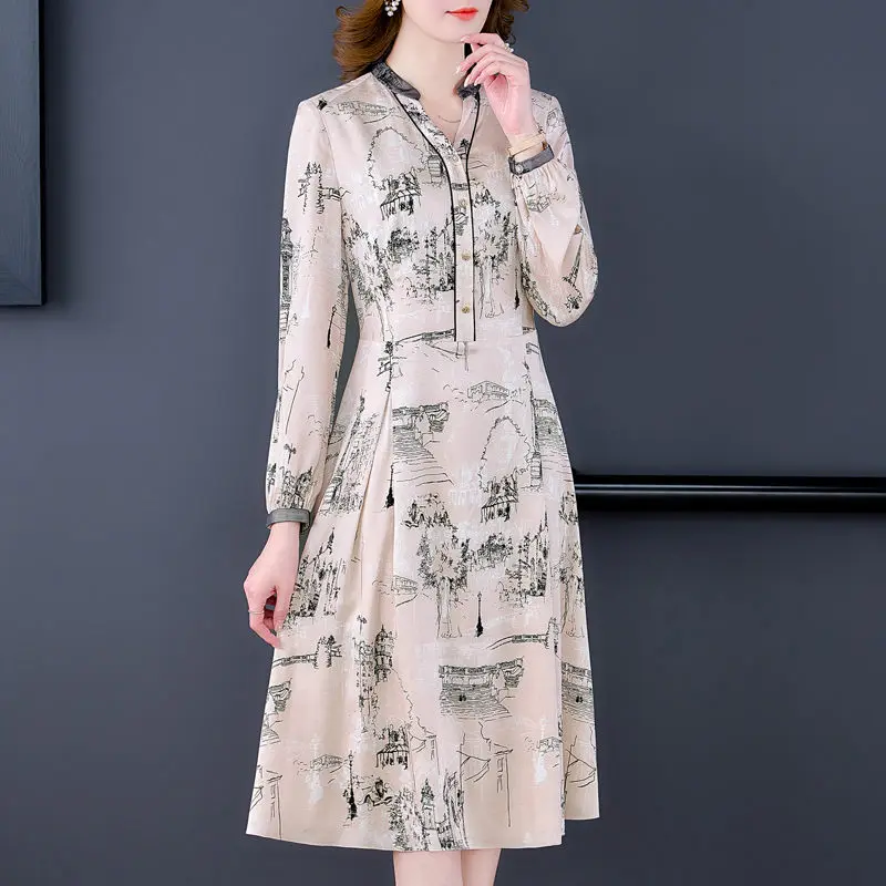 

Женское винтажное шелковое платье, элегантное платье средней длины с принтом, весна 2022