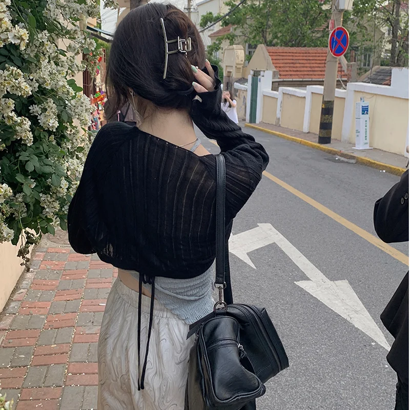 Кардиганы женские укороченные солнцезащитные на шнуровке однотонные тонкие