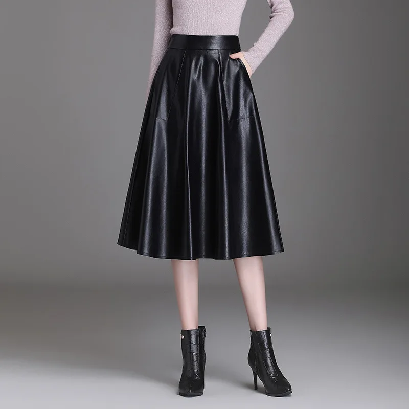

Autumn Winter PU Leather Black Skirt Women High Waist Big Swing Casual Loose Elegant Vintage Office Lady Mid-long Skirts