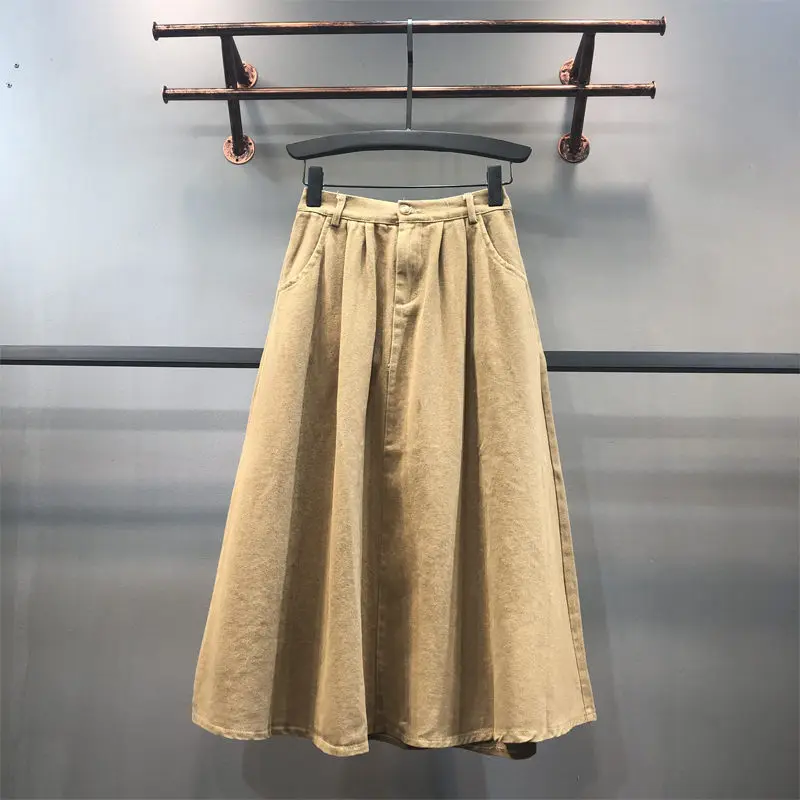 

Spring And Autumn New Cotton Denim Skirts Womens Workwear Retro High Waist Solid Color Big Size Elastic Waist A-line Skirt e063