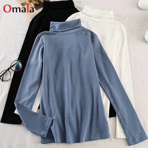 Весна 2021, женские футболки с длинным рукавом, в стиле Харадзюку, повседневная, приталенная, белая, футболка с высоким воротником для девушек, однотонная