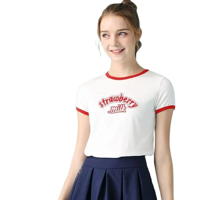 В стиле Каваий Пояс с клубникой принтом молоко футболка короткими рукавами для