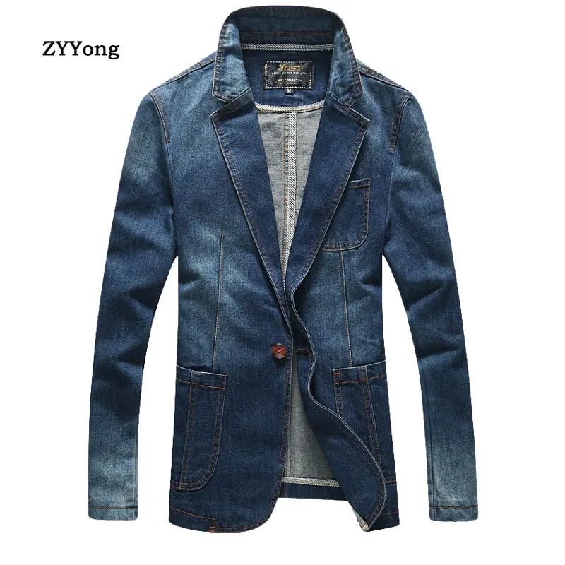 Мужской повседневный джинсовый пиджак синяя хлопковая джинсовая куртка