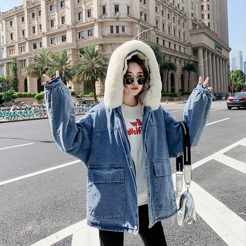 Винтажная зимняя утепленная джинсовая куртка оверсайз для женщин 2019 уличная