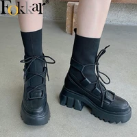 eokkar ankle boots women 2021 new springautumn sock boots round toe thick heels platform boots ladies black stretch shoes