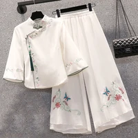 large size womens chinese style suit female 2021 summer chinese style tang suit show thin wide leg pants two piece set
