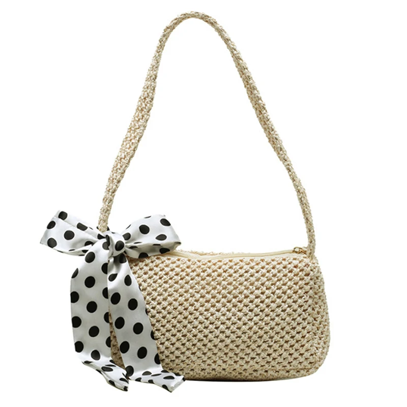 

Fashion Straw Hand-woven Handbag Bow Decorated Rattan Underarm Bag Zipper Summer Casual Beach Female Shoulder Bag