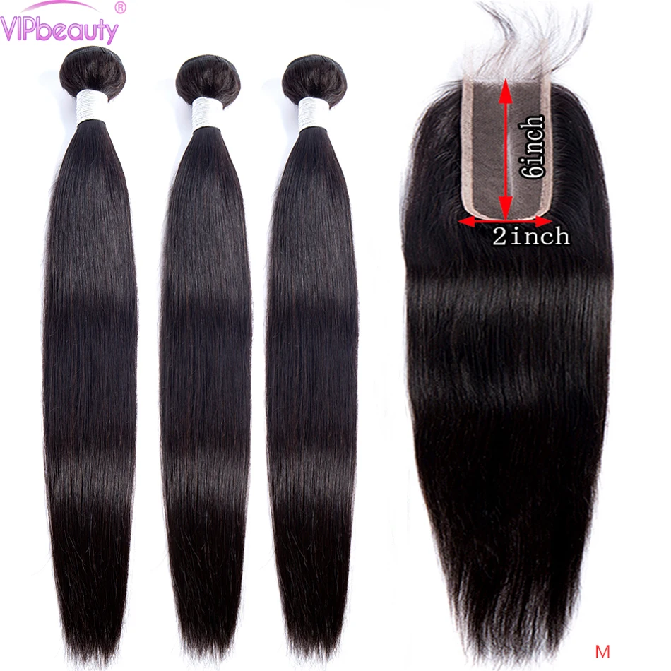 VIP beauty, перуанские прямые волосы remy, пряди с закрытием, натуральные черные волосы с 2x6, на шнуровке, средняя часть