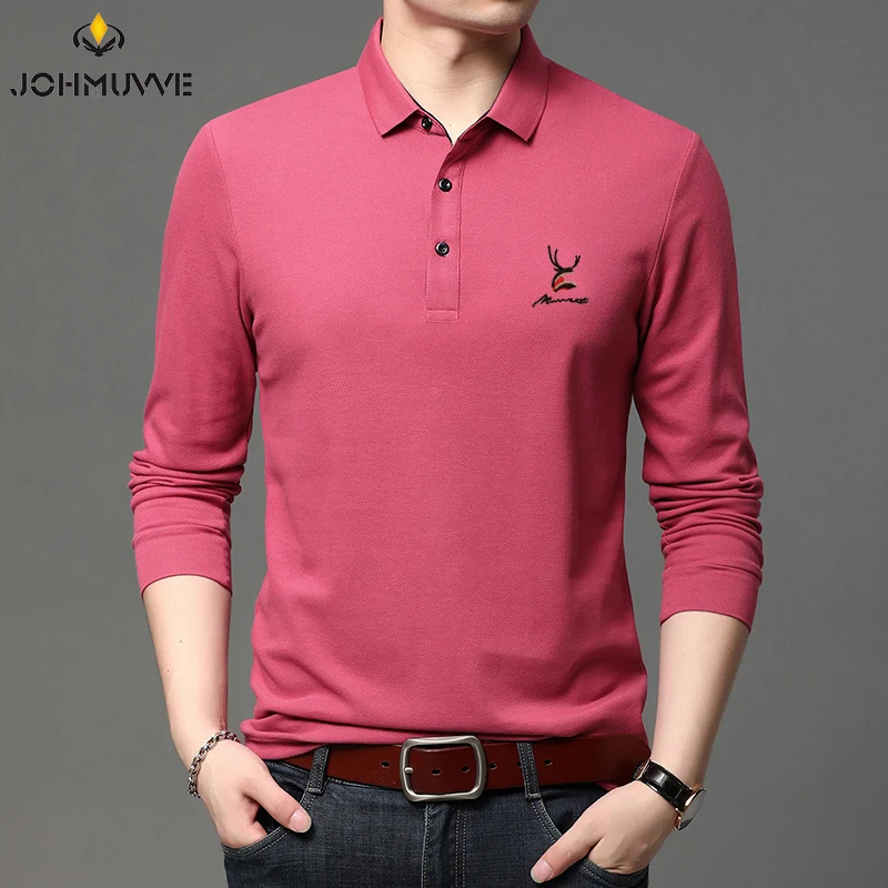 

JOHMUVVE New Men Long-sleeve POLO Shirt Button Fawn Embroidery Casual Business Work Classic Wild Men Long-sleeved T-shirt