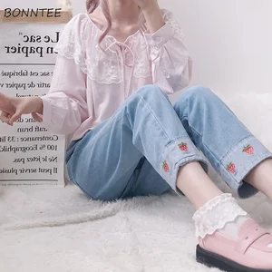 Джинсы женские Лоскутные с клубничным принтом, эластичные брюки до щиколотки в стиле Харадзюку, с завышенной талией, в Корейском стиле, для отдыха