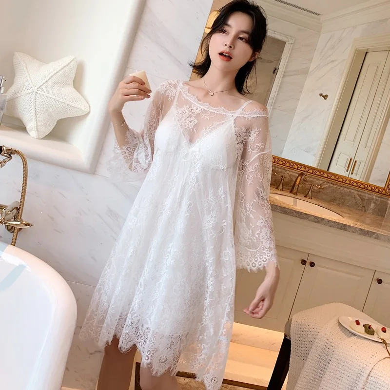 

Sexy Women Nightdress Two-Piece Nightgown Sexy Lace Princess Pijamas Sleepwear V-neck Soft Touch Bathrob