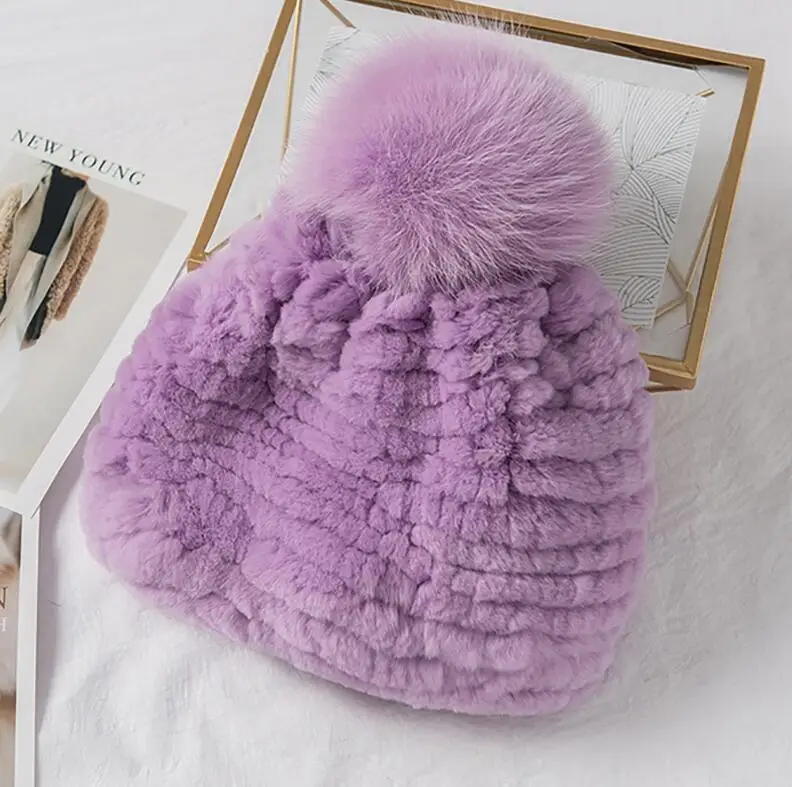 purple YC Fur мягкие теплые настоящие меховые шапки головные уборы для женщин эластичные вязаные шапки из меха кролика рекс шапки большого размера помпоны из лисьего меха женская шапка - Цвет: purple