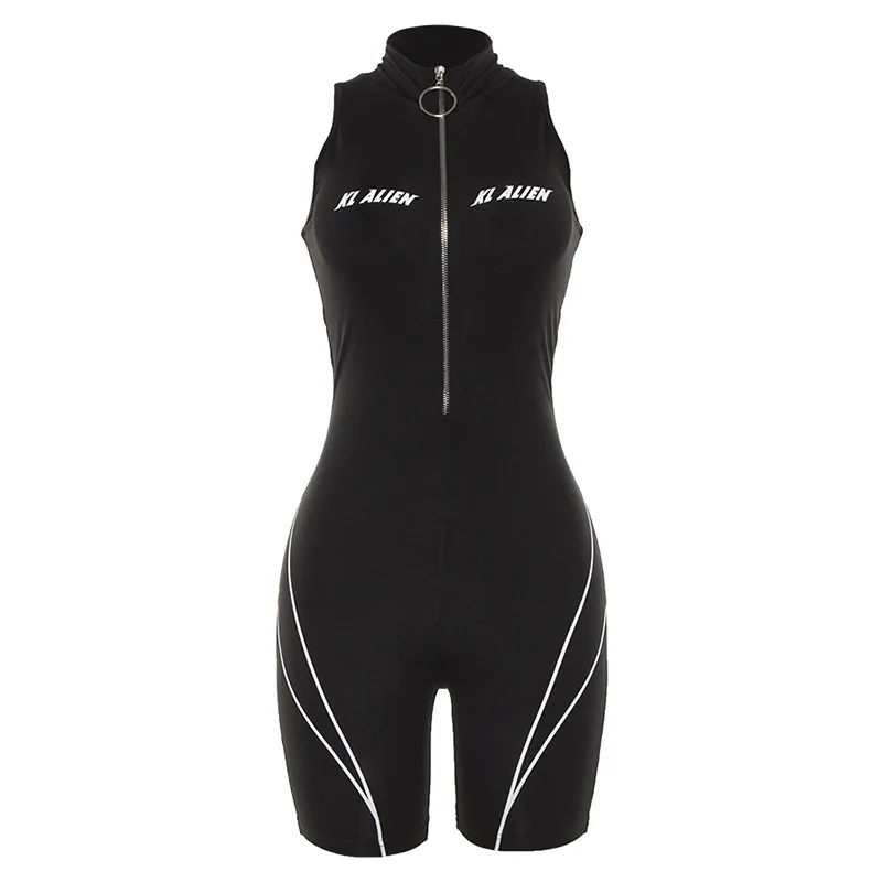 

Women Sexy Sleeveless Turtleneck Zipper Body Pant Female Letter Printed Slim Sports Jumpsuit