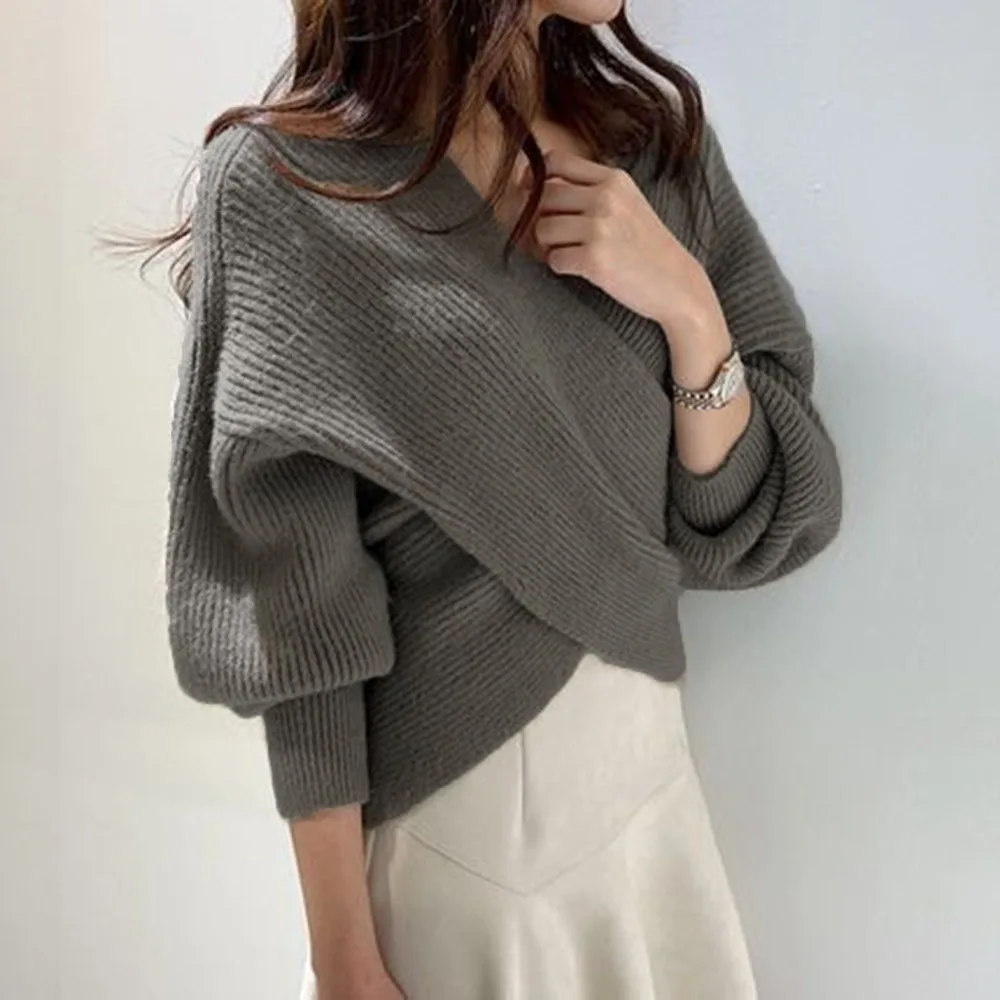V Neck Twisted Back Sweater Women Korean Elegant OL Chic Knitted Pullovers Casual Tops Long Sleeve Solid Loose Jumper pull femm | Женская