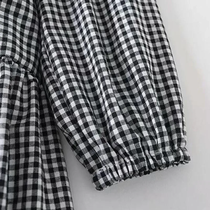 

SeeBeautiful Plaid Ruffles Stitching Loose Dress Stand Three Quater Sleeve Single Breasted New Fashion 2021 Spring Women E102